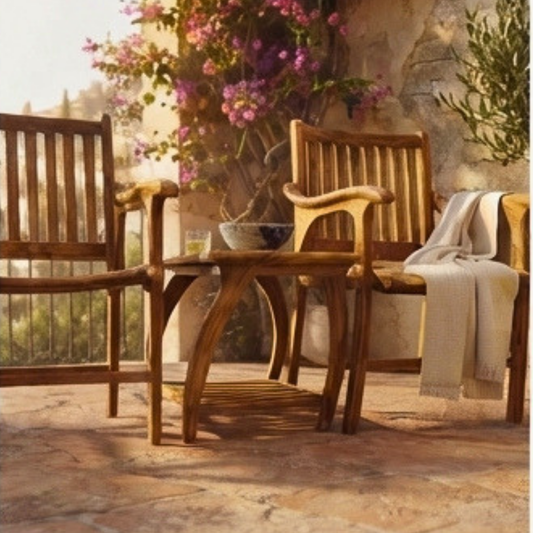 Aegean Teak 3-Piece Patio Bistro Set with Curved Slat Chairs and Glass-Top Side Table by WAHABIBI – alternate view 2
