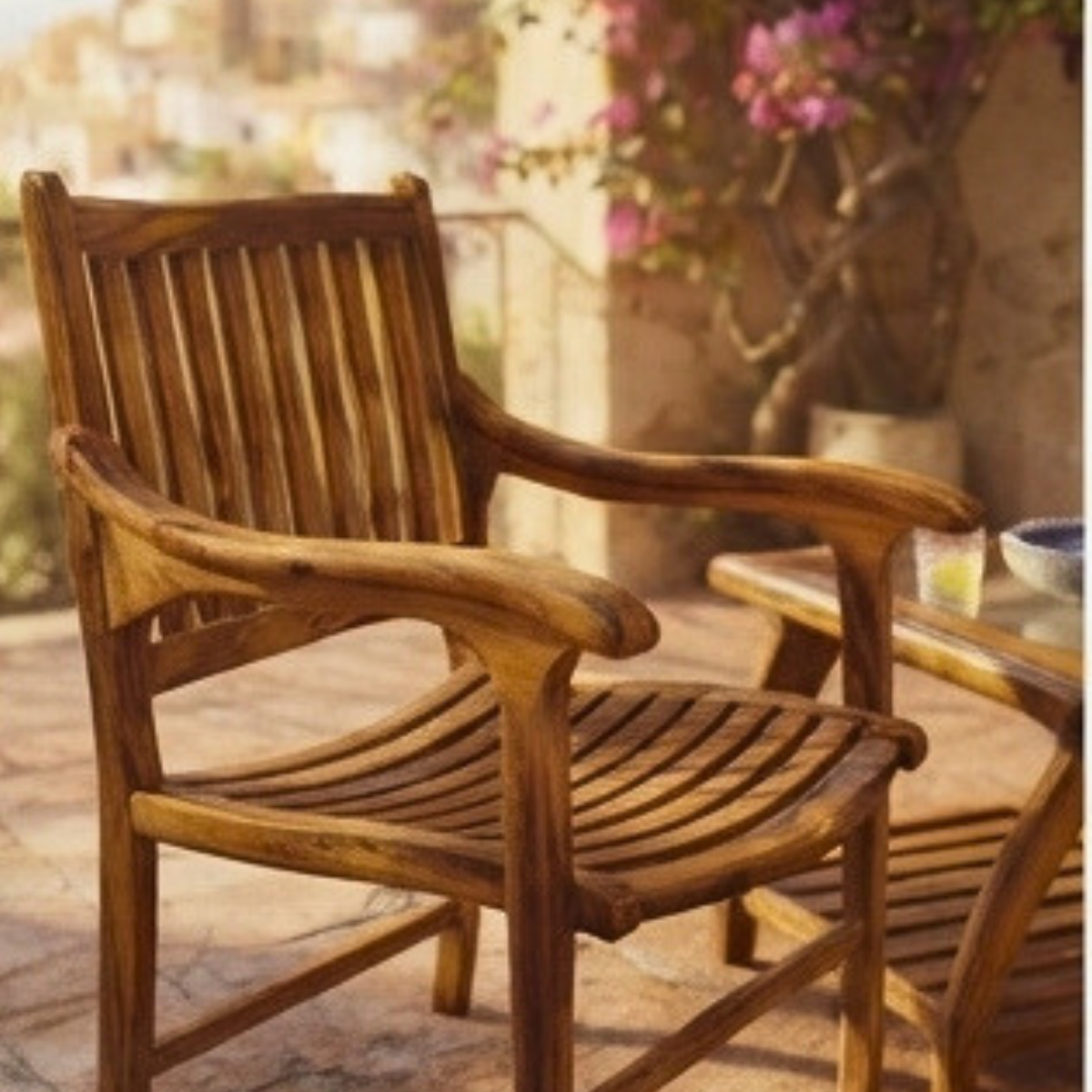 Aegean Teak 3-Piece Patio Bistro Set with Curved Slat Chairs and Glass-Top Side Table by WAHABIBI – alternate view 4