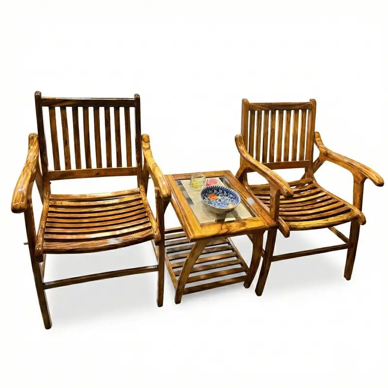Aegean Teak 3-Piece Patio Bistro Set with Curved Slat Chairs and Glass-Top Side Table by WAHABIBI – alternate view 5
