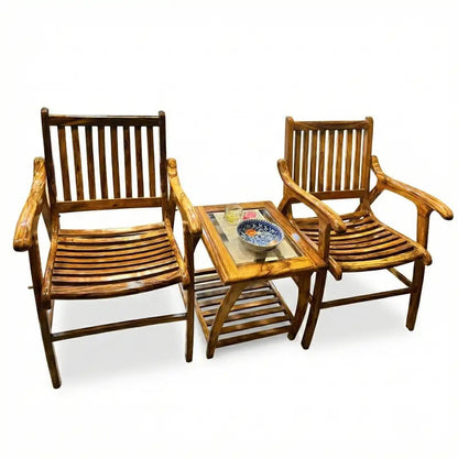 Aegean Teak 3-Piece Patio Bistro Set with Curved Slat Chairs and Glass-Top Side Table by WAHABIBI – alternate view 5