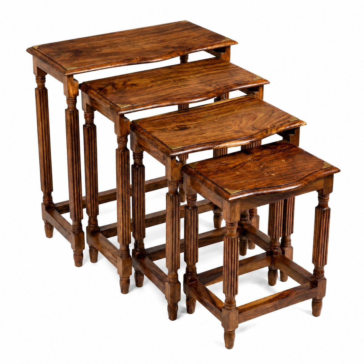 Decent Nesting Tables Solid Sheesham Wood Brass Inlay 4-Piece Set
