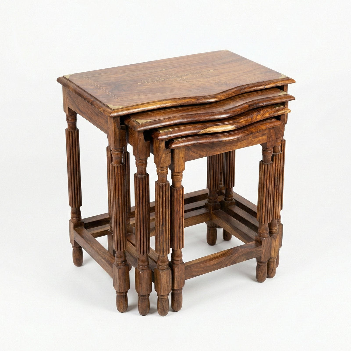 Decent Nesting Tables Solid Sheesham Wood Brass Inlay 4-Piece Set