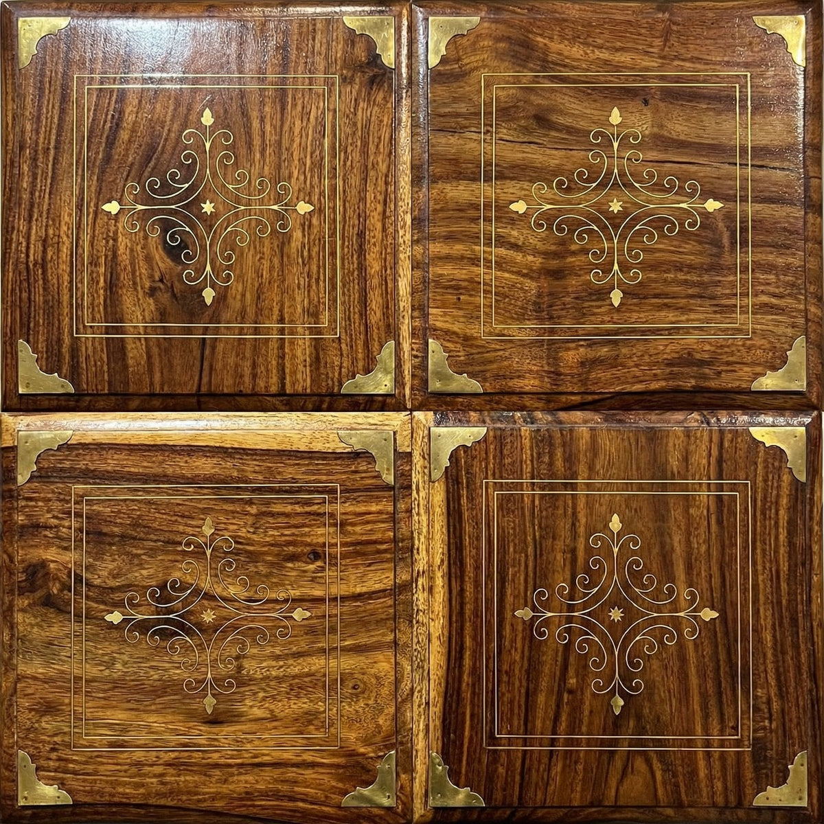 Decent Nesting Tables Solid Sheesham Wood Brass Inlay 4-Piece Set