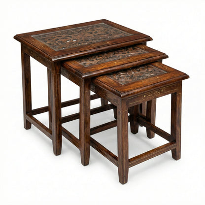 Mughal Nesting Coffee Tables Brass Inlay Solid Sheesham Wood 3 Pieces