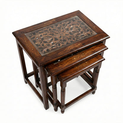 Mughal Nesting Coffee Tables Brass Inlay Solid Sheesham Wood 3 Pieces